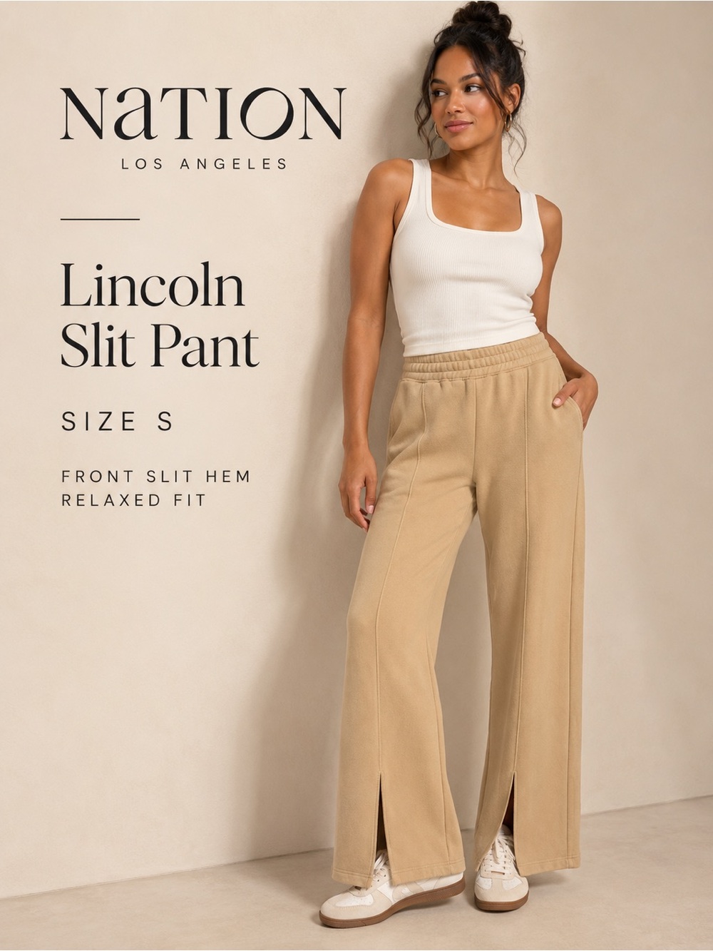 Nation LTD Lincoln Slit Pant Sandstorm Size S Wide Leg Cotton Pull On